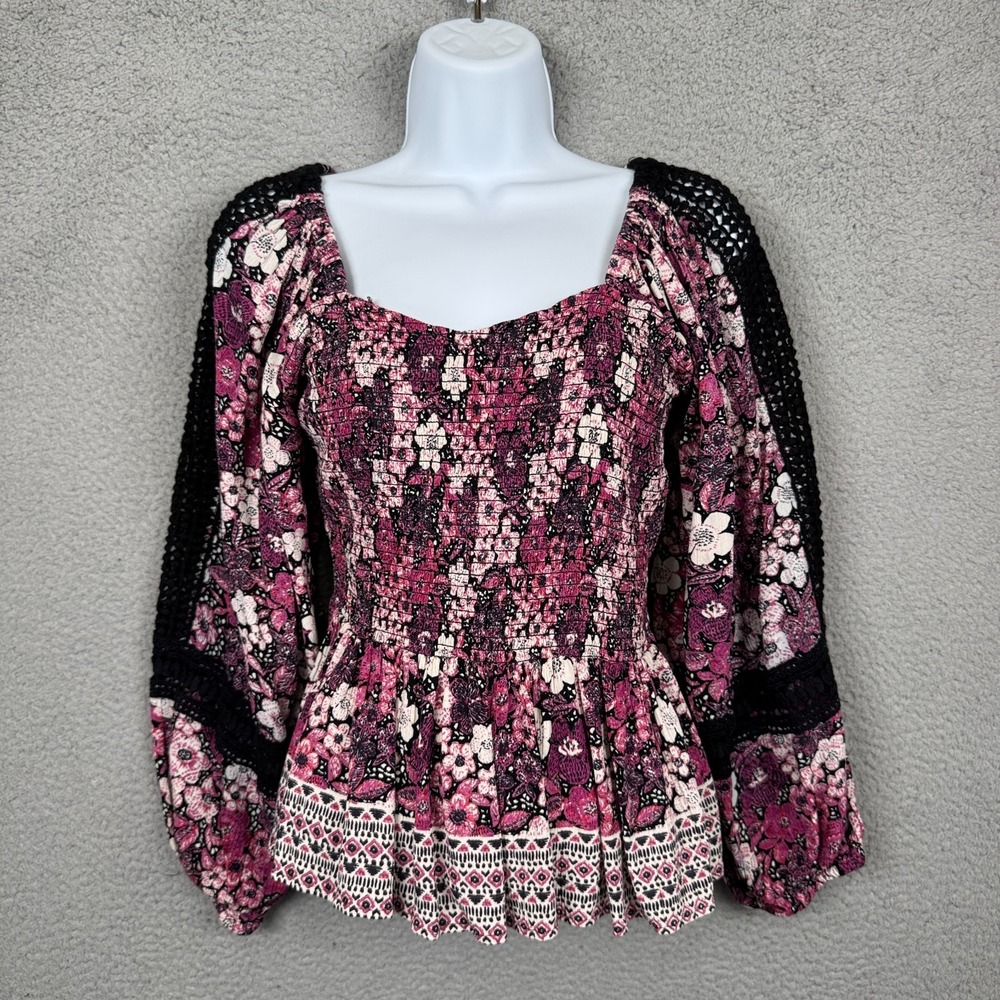 Angie Top Womens XL Pink Tunic Crochet Smocked Floral‎ Boho Hippie Flowy Y2K